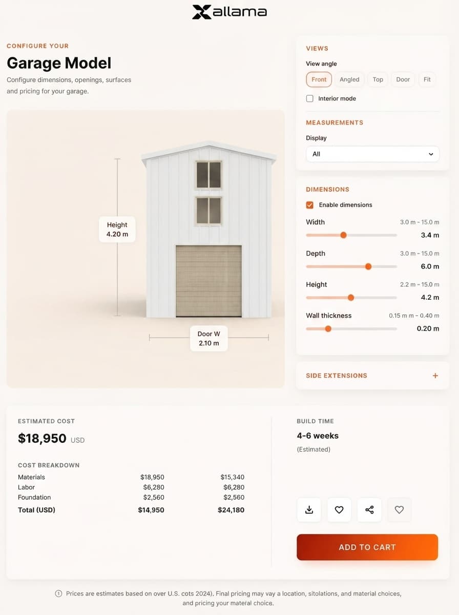 3D garage configurator interface showing a modular garage with custom doors and finishes