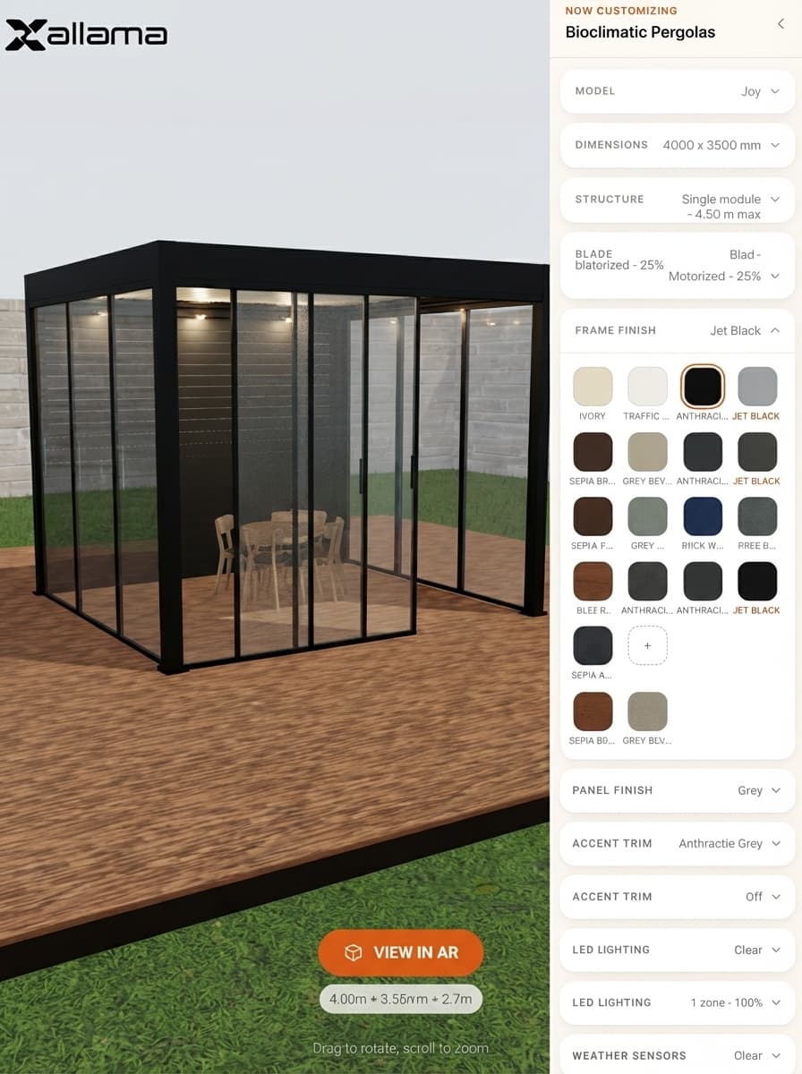 Wooden pergola configurator preview with dining table and chairs outdoors
