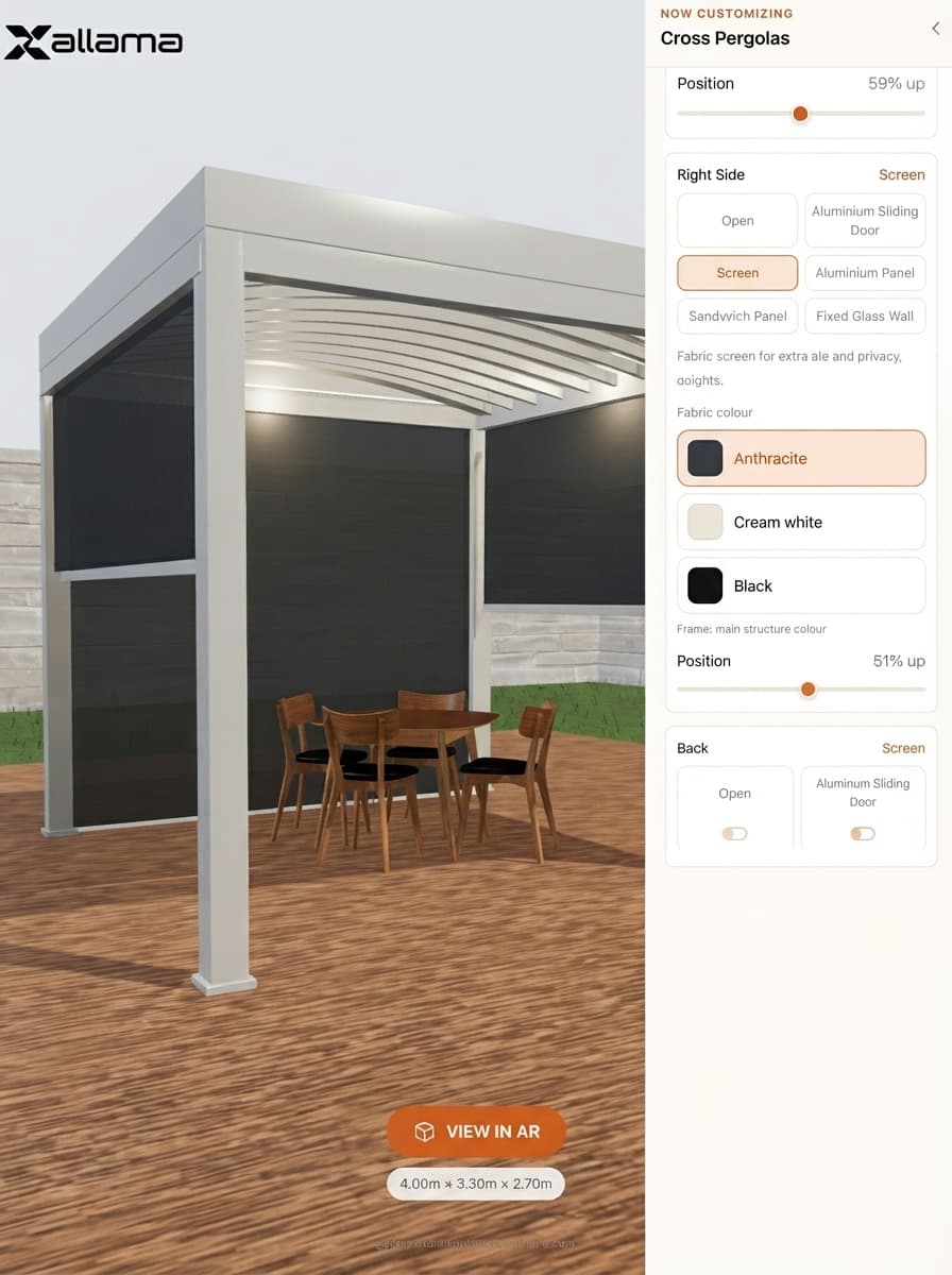 Modern patio with pergola, fireplace, and outdoor kitchen
