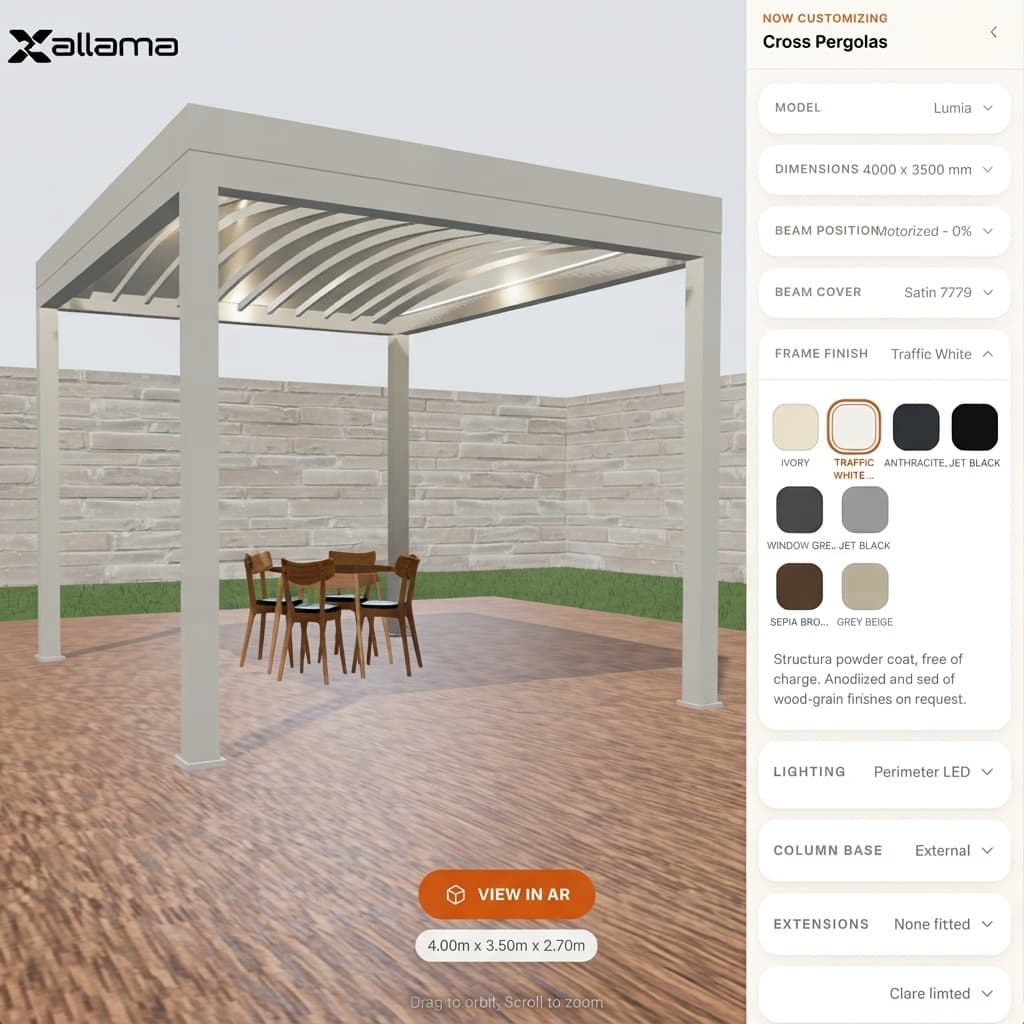 Customer previewing a configured pergola in augmented reality on a phone