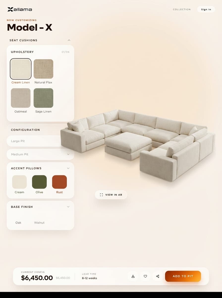 3D sofa configurator with fabric and configuration options