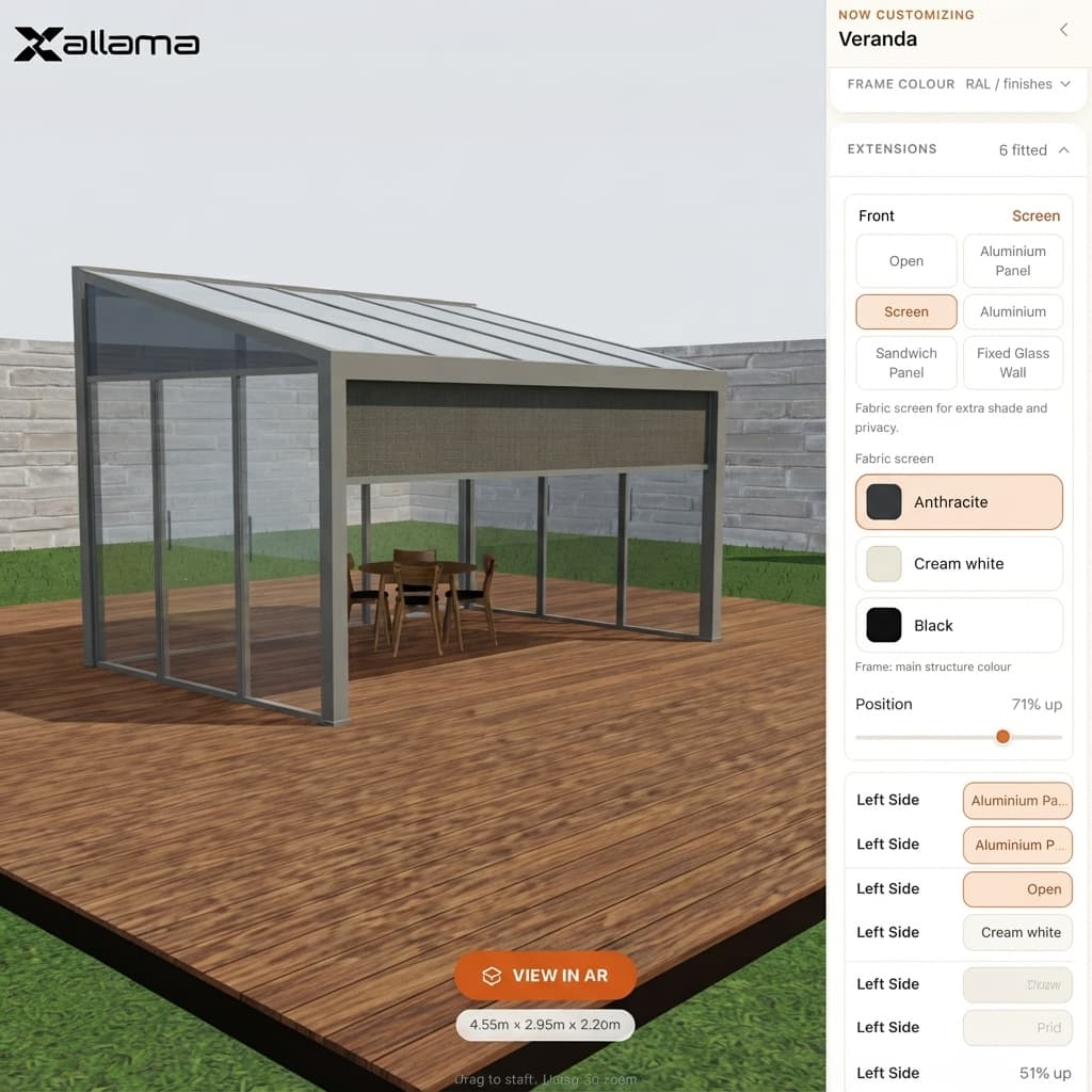 Customer previewing a configured veranda in augmented reality on a phone
